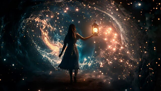 Mysterious woman in a dress holds a lantern that lights up a swirling galaxy around her