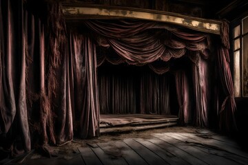 An old, decrepit, and abandoned theater stage, with tattered velvet curtains and eerie, ghostly actors frozen in a macabre performance.