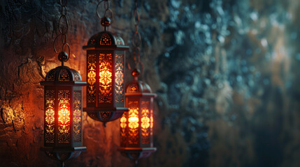 Elegant Islamic lanterns arranged in a decorative pattern against a textured background, providing...