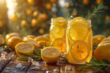 A mason jar filled with sparkling homemade lemonade, garnished with fresh lemon slices and rosemary, amidst whole and sliced lemons. Generative AI - obrazy, fototapety, plakaty