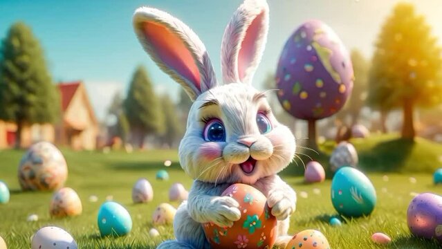 A cute and cheerful Easter bunny sits on a green lawn surrounded by Easter eggs