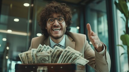 crazy happy businessman with a lot of money in briefcase, Generative Ai - 752209715