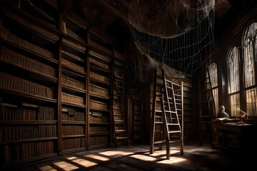 A dimly lit, forgotten library filled with dusty, ancient tomes and cobweb-covered shelves, with a ladder and a ghostly figure browsing the books. - obrazy, fototapety, plakaty