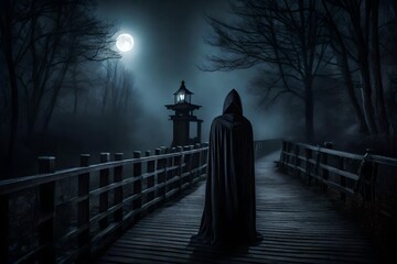 A sinister, ghostly figure in a hooded cloak, standing on a moonlit, fog-covered bridge, with an...