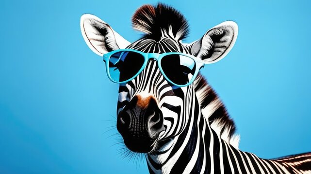 Portrait of a zebra with glasses on a blue background. The concept of vision, rest. Creative design. Space for text, free space, space for copying.