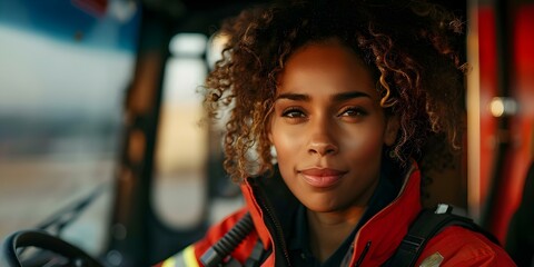 Black female firefighter in fire truck is driving to emergency on runway. Concept Emergency Response Training, Female Firefighter, Fire Truck Driving, Runway Scene, Black Women in Uniform