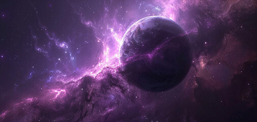 An alien planet surrounded by a vibrant purple nebula, illuminating the vastness of space with stars scattered throughout.