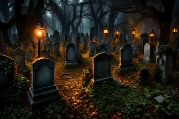 An abandoned, centuries-old graveyard with weathered tombstones covered in ivy, lit by the ethereal...