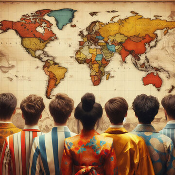 illustration of different people with world map background