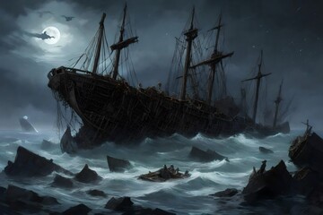 A moonlit, haunted shipwreck on a desolate, rocky shore, with ghostly apparitions and phantom...