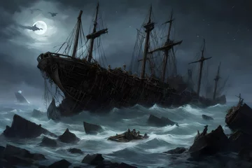 Selbstklebende Fototapete Schiffswrack A moonlit, haunted shipwreck on a desolate, rocky shore, with ghostly apparitions and phantom sailors emerging from the wreckage.