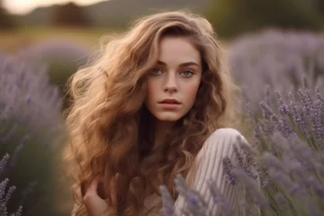 Fotobehang Young pretty woman with long hair standing near lavender field © Canvas Alchemy