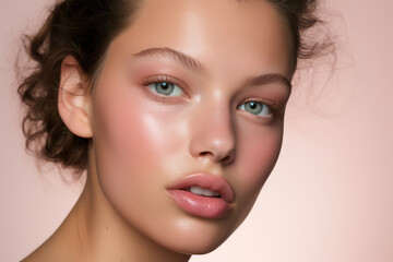 Fototapeta premium Glamourous Beauty: A Close-up Portrait of a Young Caucasian Woman with Perfect Makeup and Glossy Hair