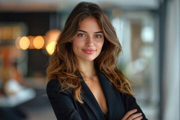 Brunette businesswoman wearing black suit standing in modern office