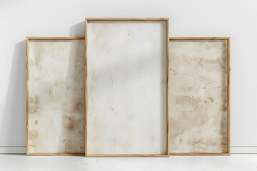 Three rectangular frames in wood and metal on a beige wall