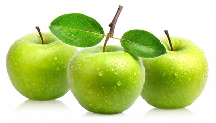 Green apples on branch with water droplets isolated on white background. - obrazy, fototapety, plakaty