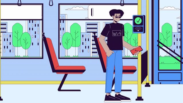 Hispanic young man paying fare with nfc phone line cartoon animation. Contactless payment 4K video motion graphic. Bus commuter latino male 2D linear animated character on interior background