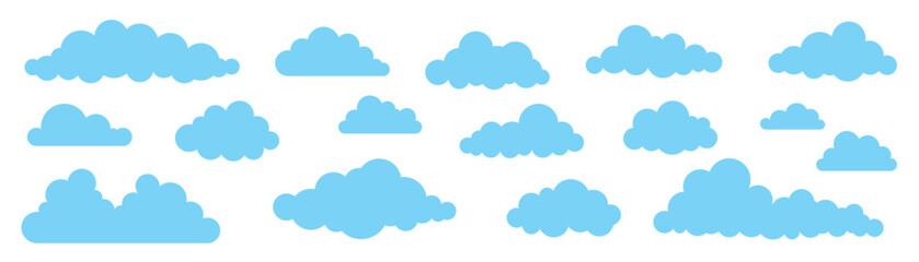 Collection of different abstract flat cartoon fluffy clouds isolated on white sky panorama vector illustration. Weather forecast symbols set. Outdoor nature, spring weather cloudscape