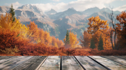 Naklejka na ściany i meble The autumn mountain scenery in the morning blurred background with old wooden floors
