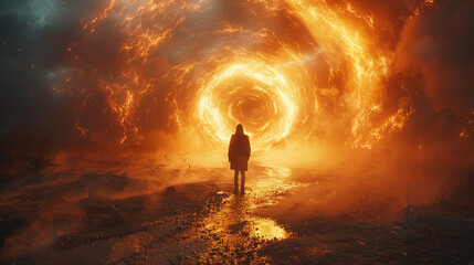 Man entering unknown yellow glowing portal, near death experience concept - obrazy, fototapety, plakaty