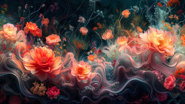 Mysterious dream-like flowers on dark background