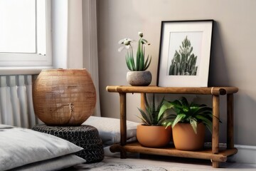abstract room interior with furniture and mockup frames on wall cozy beige room image
