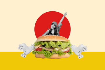 Photo collage picture young girl roller skater huge hamburger sandwich delivery service show...