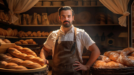 Portrait of bakery seller with smile and hands are on hips wearing brown aprone - Powered by Adobe