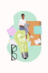 Vertical photo collage sitting young girl browsing laptop lightbulb innovation great idea genius...