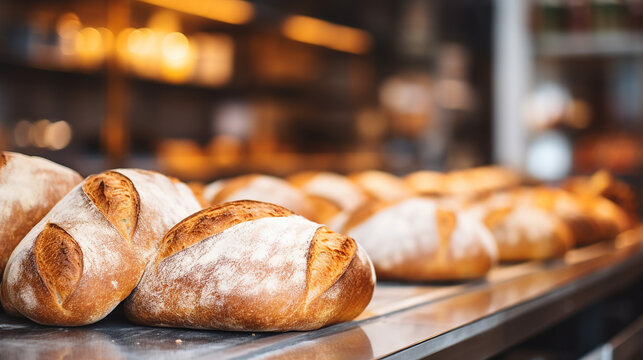 selective focus of freshly baked bread in pastry department of grocery shop hypermart