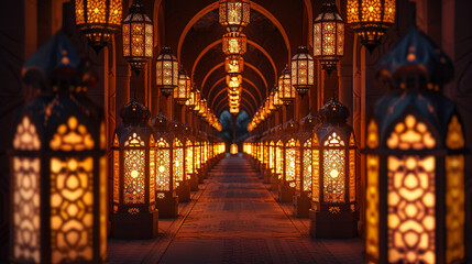 Softly lit Islamic lanterns arranged in a symmetrical pattern, creating a captivating scene for Eid...