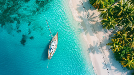 A lone sailboat anchored near a tropical beach