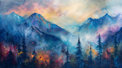 Abstract hand painting of mountain nature Oil paint