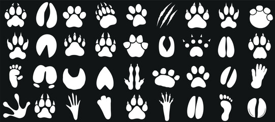 Animal paw print collection, white silhouettes on dark, diverse wildlife tracks, ideal for nature, tracking themes, vector isolated © Arafat