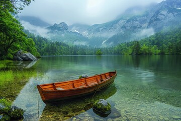 Obraz premium A solitary wooden boat on a peaceful lake, framed by misty mountains and lush greenery, evoking a sense of tranquility