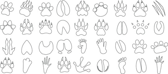 Animal paw prints vector, diverse collection, line art design. Ideal for educational, informational graphics, and decorative purposes. Wildlife tracks, pet prints, nature illustration