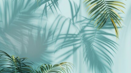 A blurred shadow cast by palm leaves on a light blue wall creates a minimal abstract background, ideal for product presentations. Evoking feelings of spring and summer.