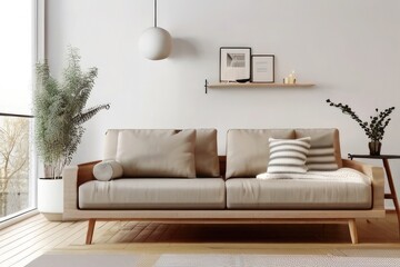 Couch Living Room Interior with Abstract Paintings , frames poster mockups , and Wooden Coffee Table

