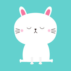 Happy Easter. Bunny rabbit sitting. Cute cartoon kawaii pet funny baby animal character. Round face icon. Sticker print. Love greeting card. Happy Valentines day. Flat design. Blue background. - 752214136