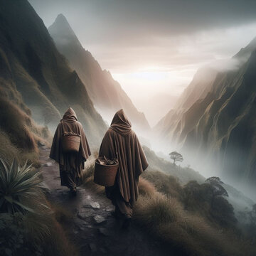 A cinematic  scene of two men walking at the mountain