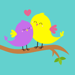 Two birds sitting on the tree branch. Bird hugging set. Happy Valentines day. Pink heart. Cute cartoon kawaii funny baby character. Love card. Yellow violet color. Flat design. Blue background. - 752214347