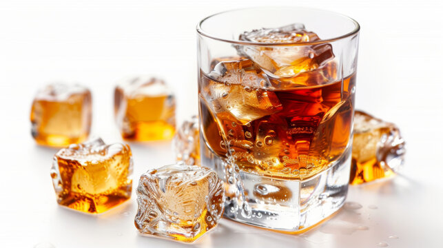 glass with whiskey and ice on white background