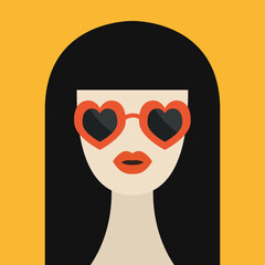 Portrait of brunette woman with bangs hair, heart shape sunglasses. Avatar people icon for social networks. Cute cartoon character. Beautiful girl face with red lips. Flat design. Yellow background. - 752214765