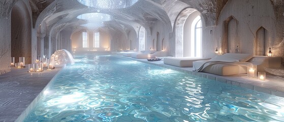 Landscape of Ethereal Diamond Water at Morning, Unreal Engine 3D, swimming pool in the hotel