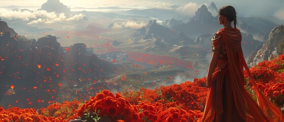 Landscape of Luxurious Flower Empress in a Petal-Embroidery, Unreal Engine 3D, landscape with mountains
