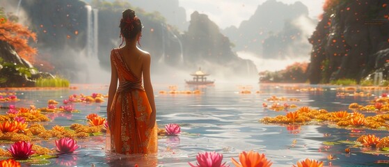 Landscape of Luxurious Flower Empress in a Petal-Embroidery, Unreal Engine 3D, person sitting on a lake in the morning