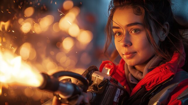 Woman In Orange Vest Holding Fire Extinguisher