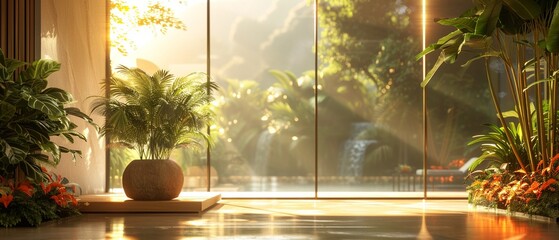 Landscape of Modern Luxury Interior, Unreal Engine 3D, sunset in the city