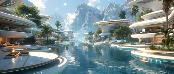 Landscape of Urban Oasis Serene Beauty Amidst Glass, Unreal Engine 3D, fountain in the park - obrazy, fototapety, plakaty