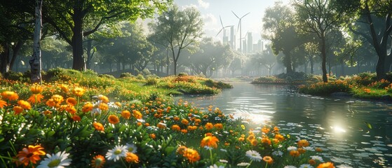 Landscape of Urban Oasis Serene Beauty Amidst Glass, Unreal Engine 3D, spring in the park